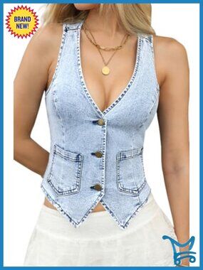 Womens Denim Vest Sleeveless Jean Top with Pockets Cotton Blend V-Neck